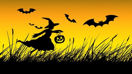 Silhouette of a witch flying with a pumpkin, surrounded by bats against an orange sky at sunset. Perfect Halloween stock photo.