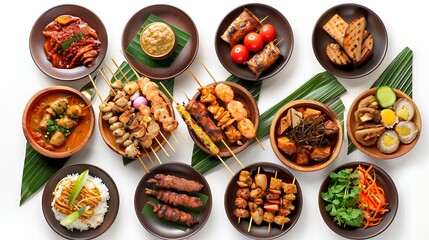 Authentic Indonesian Cuisine Spread on White Background in Stunning HD 8K Quality - Top View Realistic Group of Traditional Food