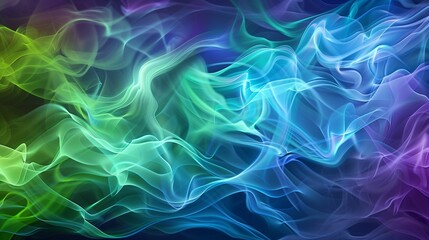 Abstract wave of colorful smoke in motion, with vibrant hues of blue, green, and purple swirling and intertwining, creating a mesmerizing and dynamic visual experience.