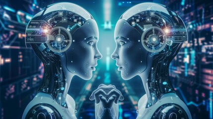 Fototapeta premium Two futuristic humanoid robots face each other in a high-tech environment symbolizing advanced artificial intelligence and technology.
