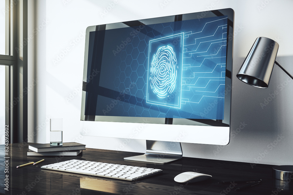 Poster Modern computer monitor with abstract creative fingerprint hologram, research and development concept. 3D Rendering
