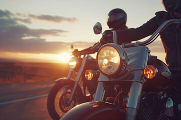 Fototapeta premium Friends riding motorcycles together at sunset