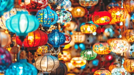 Colorful lanterns lighting up a market, creating a vibrant and festive atmosphere. Perfect for celebrating festivals and cultural events.