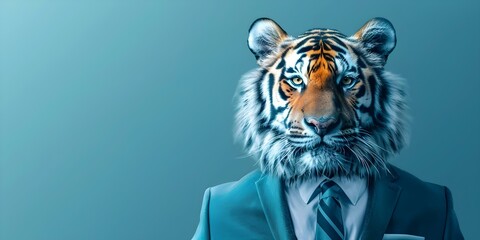 Friendly tiger in business suit pretending to work in corporate office. Concept Silly, Funny, Creative, Animal, Office