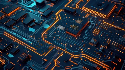 This image features a highly detailed, futuristic circuit board with illuminated pathways and electronic components, suggesting advanced technology