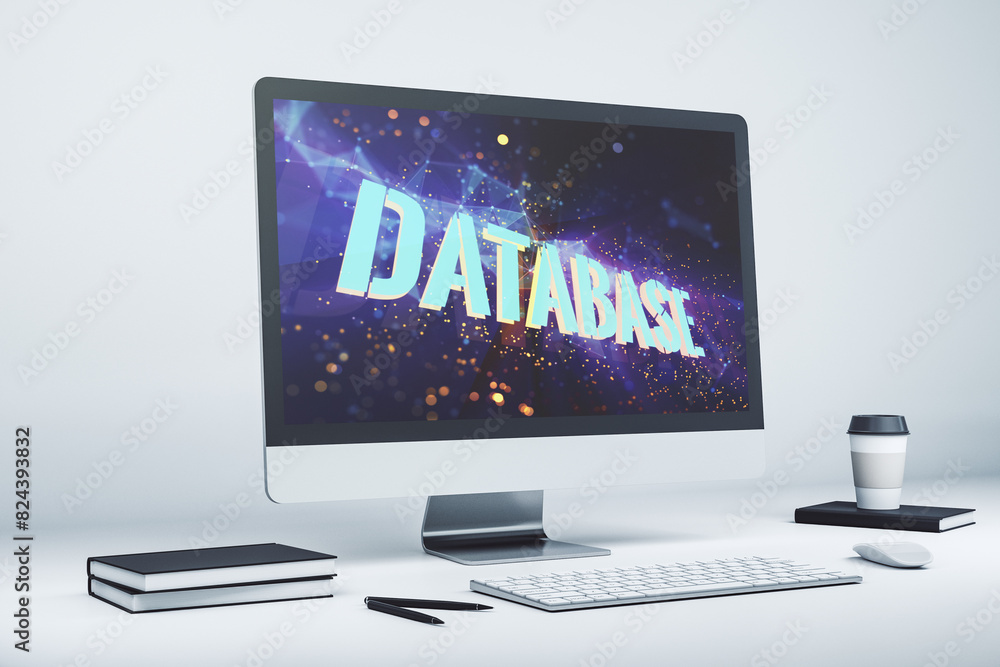 Fototapete modern computer monitor with creative database word hologram, research and development concept. 3d r