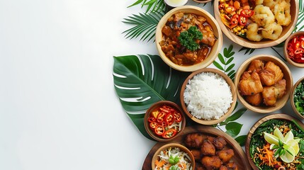 Authentic Indonesian Cuisine Spread on Plain White Background in High Definition 8K Quality, Top View
