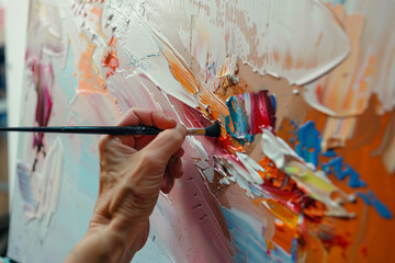A person is painting a picture with a brush. The painting is a mix of blue and orange colors