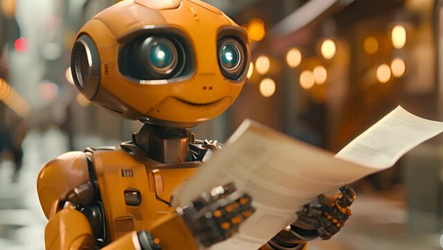 orange robot getting papers handouted by a human in a lighty office,generative ai