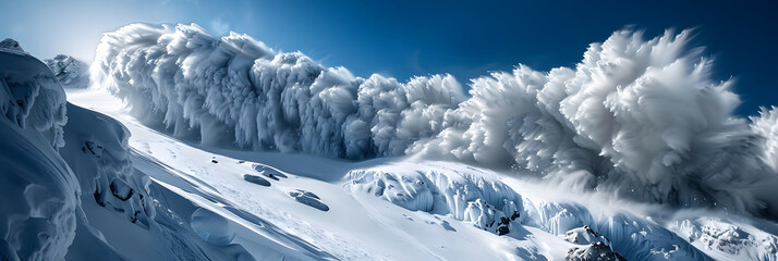 Dramatic Avalanche Cascading Down Snow-Covered Mountain Under Clear Blue Sky Showcasing Nature's Raw Power