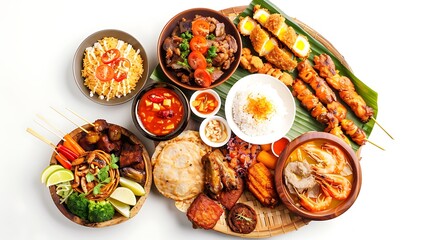 Delightful Assortment of Authentic Indonesian Cuisine from a Bird's Eye View on a Clean White Background in High Definition 8K Quality