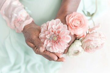 Fototapeta premium Elegant Senior Black Woman Holding Delicate Flowers: A Symbol of Ageless Beauty in Soft Natural Light