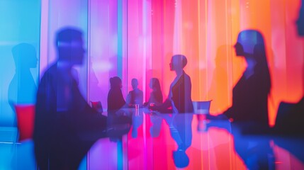 Abstract image of silhouette people in discussion with colorful background, creating a futuristic and dreamy atmosphere.
