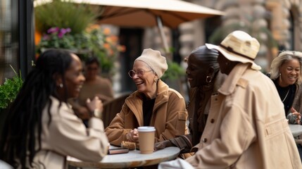 Vibrant Gathering of Senior Women Enjoying Coffee and Conversation at an Outdoor Cafe in Daylight