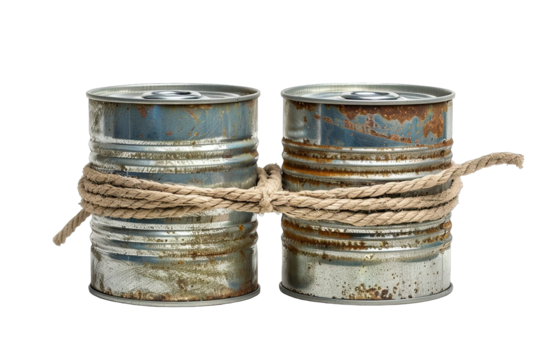 Two tin cans connected by string isolated on white background