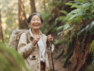 Title Joyful Senior Asian Woman Enjoying a Sunny Afternoon Hike in a Forest, Promoting Active Aging and Environmental Sustainability