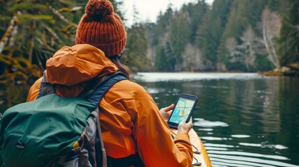 Adventurous Explorer in Kayak Using Waterproof Phone for River Navigation, Surrounded by Tranquil Waters and Lush Forest Exploration Concept.