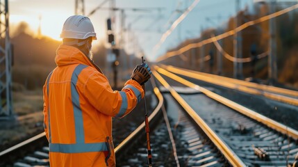 A safety engineer inspecting the installation of overhead electric wires on a railway track