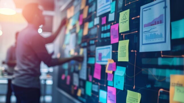 Man working on a project management board with colorful sticky notes and charts.