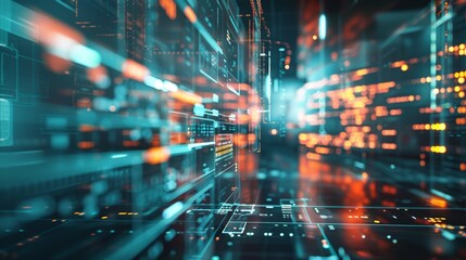 Fototapeta premium Dynamic abstract technology background featuring bright lights and digital elements representing data transfer and modern tech infrastructure.