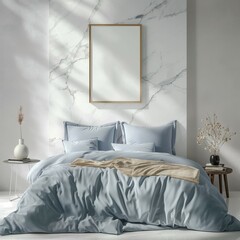Frame mockup, light blanket, modern home bedroom interior, 3D render