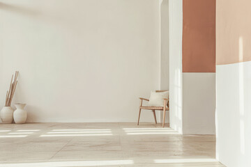 Elegant minimalist interiors in warm tones with minimal furniture. Interior design composition with copyspace for text.