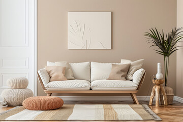 Elegant minimalist interiors in warm tones with minimal furniture. Interior design composition with copyspace for text.