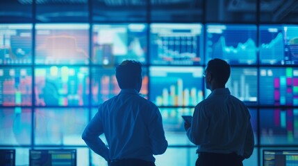 Two professionals analyzing financial data on large screens in a modern office environment with charts and graphs displaying market trends.