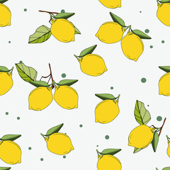 Pattern of lemons, lemon flowers on a colored background. Branch with lemons. Beautiful seamless Summer Vacation Seamless pattern