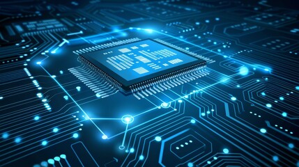 Close-up of a glowing microchip on a circuit board, showcasing the advanced technology in modern computing.