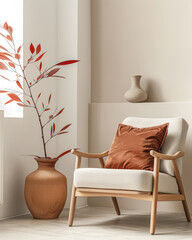Elegant minimalist interiors in warm tones with minimal furniture. Interior design composition with...