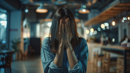 The upset woman stood alone in the co-working space, covering her face with her hands, as she experienced work difficulties, emotions, and disappointment.