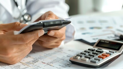 Naklejka premium A closeup of a hand holding a calculator and medical bills, with notes on accessing financial assistance programs visible on the desk Isolated white background, focus on paperwork