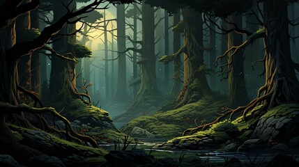 Ancient forest flat design side view mystical theme water color Complementary Color Scheme