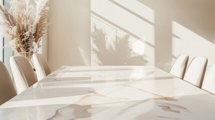 Elegant Marble Boardroom with Soft Sunlight Beams, Immaculate Corporate Setting Just Before a Critical Meeting