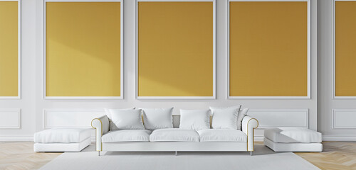 Expansive gallery with three blank mustard canvases and white sofa, realistic 3D rendering.