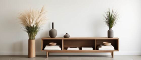minimalist wooden shelf against a plain white wall