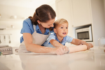 Mother, son and rolling pin or baking in kitchen, flour and pastry or food preparation in home....