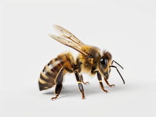 A detailed macro shot of a honeybee on a white background