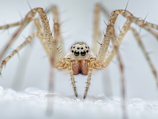 A detailed macro shot of a lynx spider on a white background