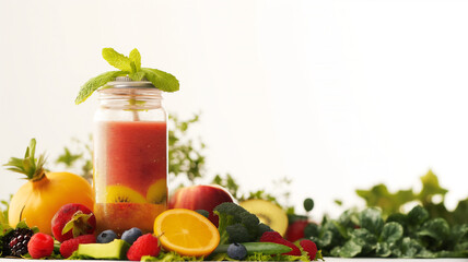 A jar of vibrant fruit smoothie with a mint garnish, surrounded by assorted fresh fruits and vegetables, set against a light background.