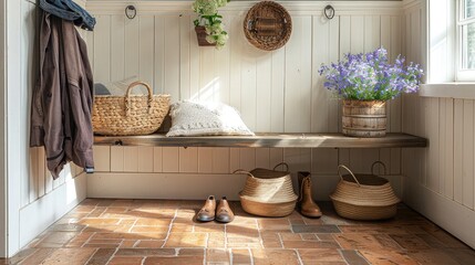 commercial photo, close-up, mudroom items, bottom view, soft light