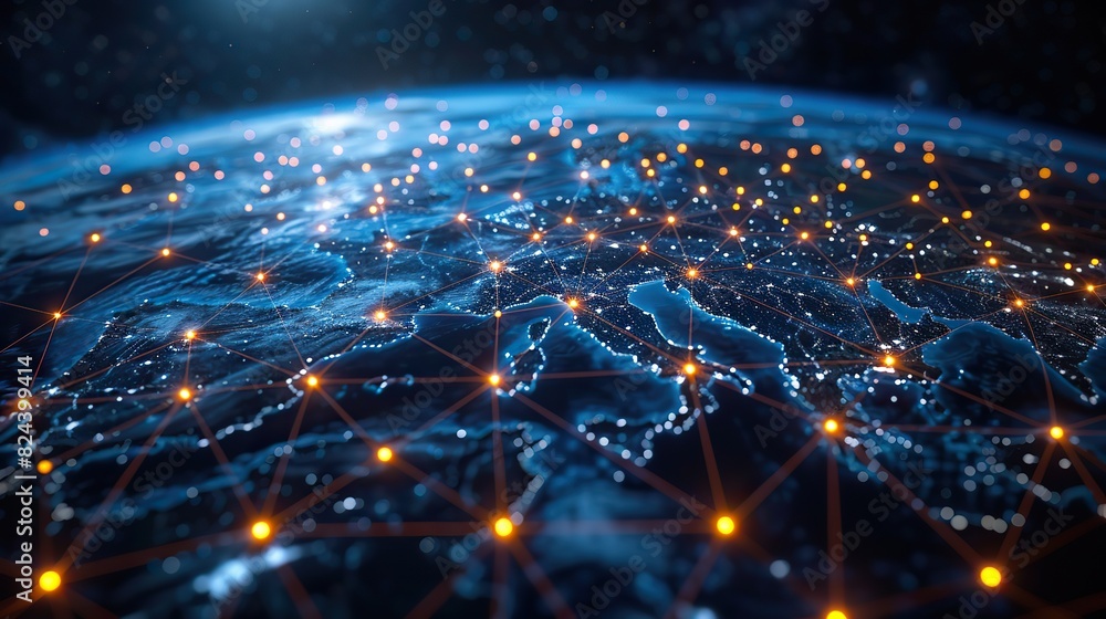 Poster a global mesh network with highlighted connection points. stock image