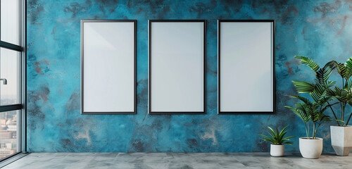 Three vertical frames mockup hanging on office wall, azure blue walls, modern concrete company interior, 3D rendering,
