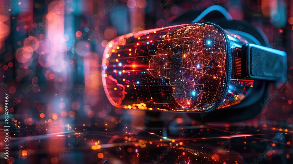 Poster virtual reality headset displaying global data connections. stock photo