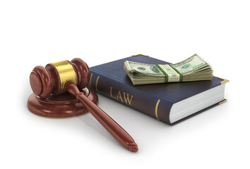 Concept of bribes. The wooden gavel with book of law and money on a white background.