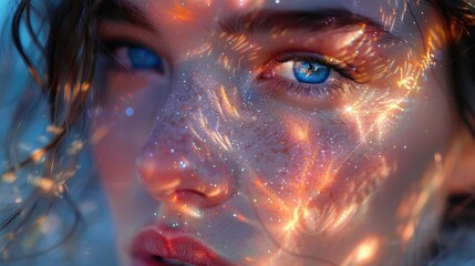 Ethereal portrait blending with business holographic designs and die cut stickers