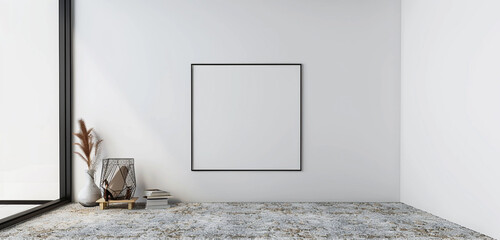 Minimalist room with a blank frame on a white wall and a wool carpet floor. High-definition 3D rendered image.
