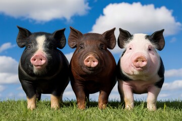 Three young different colored mangulitsa pigs on the field standing in row