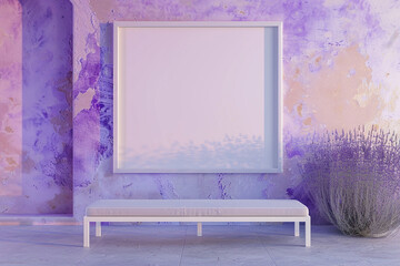 Contemporary art space with a white bench and blank lavender frame at dawn